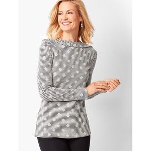 Talbots Women's Black White Houndstooth Silver Metallic‎ Polka Dot Blouse Top XL